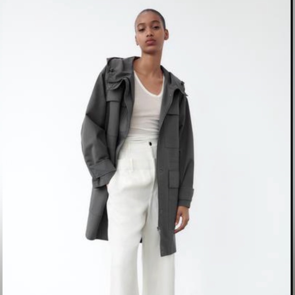 Zara Charcoal Gray Hooded Long Trench Parka Coat/Jacket Style